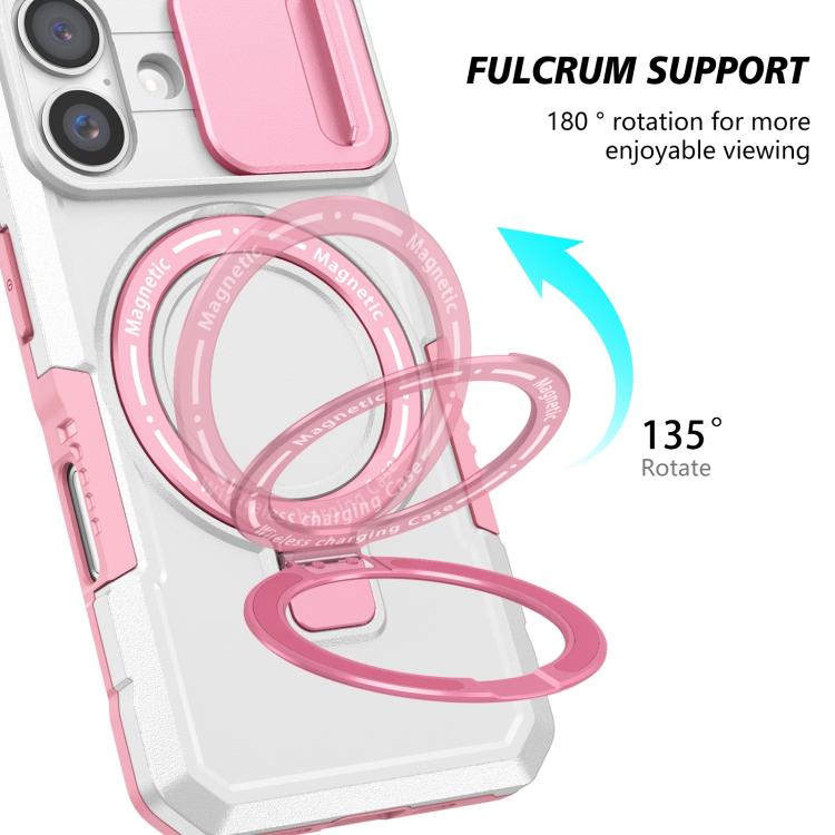 Funda híbrida TPU y PC con soporte Magsafe y protección deslizante para iPhone 16 Plus (Rosa y Blanco)