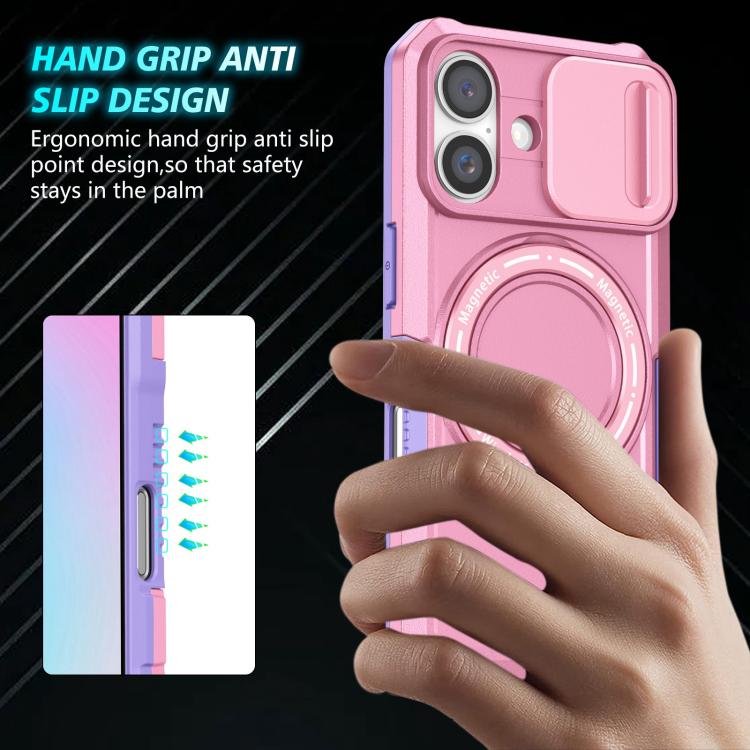 Funda híbrida TPU y PC con soporte Magsafe y protección deslizante para iPhone 16 Plus (Morado y Rosa)