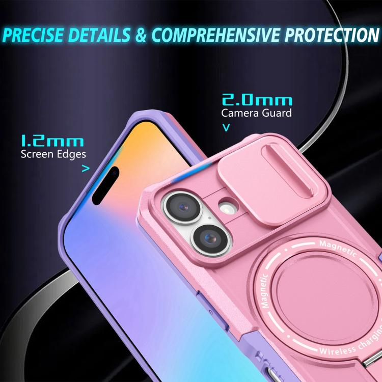Funda híbrida TPU y PC con soporte Magsafe y protección deslizante para iPhone 16 Plus (Morado y Rosa)