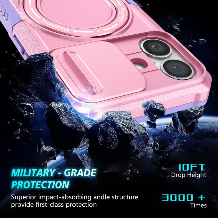 Funda híbrida TPU y PC con soporte Magsafe y protección deslizante para iPhone 16 Plus (Morado y Rosa)
