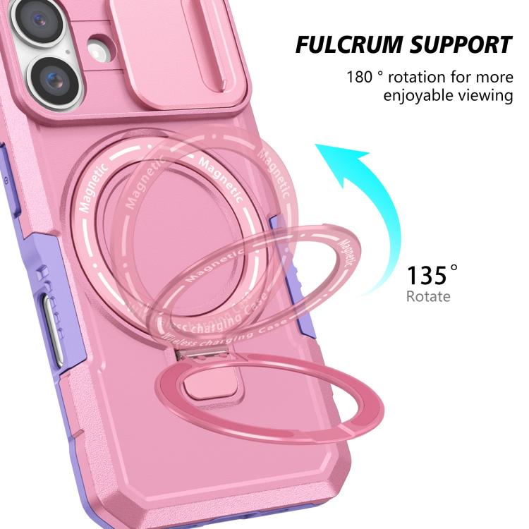 Funda híbrida TPU y PC con soporte Magsafe y protección deslizante para iPhone 16 Plus (Morado y Rosa)