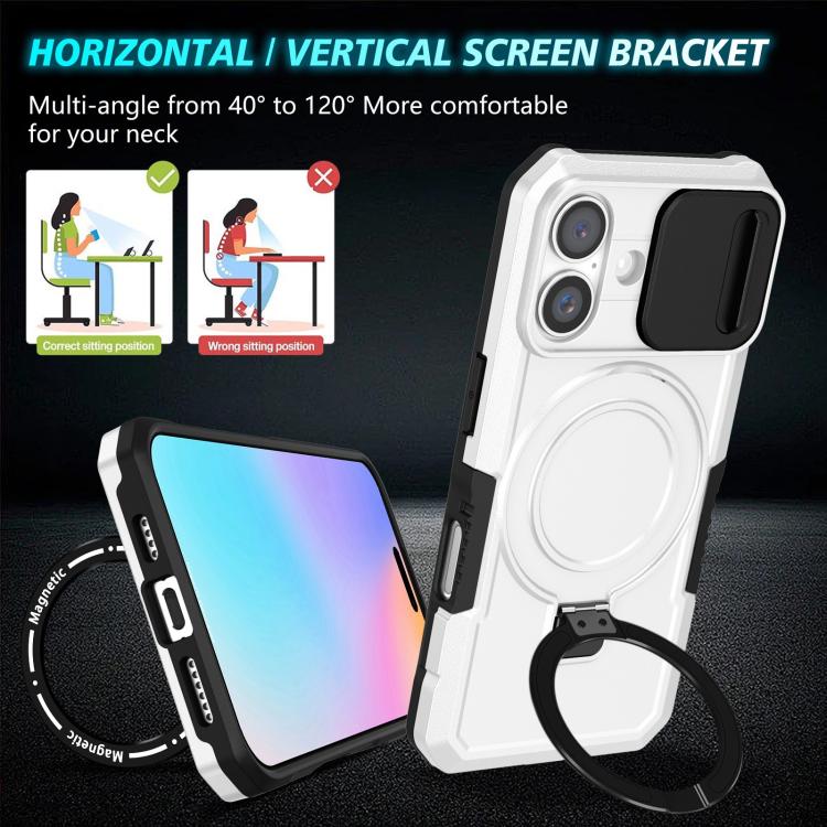 Funda híbrida TPU y PC con soporte Magsafe y protección deslizante para iPhone 16 (Negro y Blanco)
