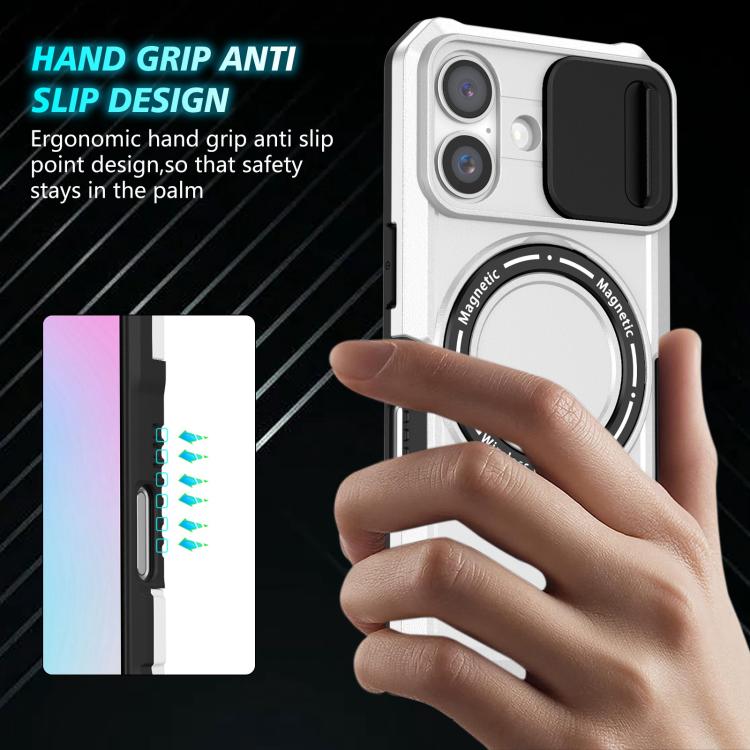 Funda híbrida TPU y PC con soporte Magsafe y protección deslizante para iPhone 16 (Negro y Blanco)