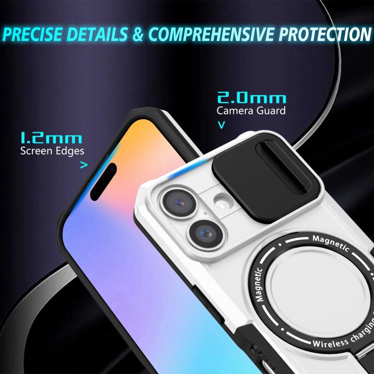 Funda híbrida TPU y PC con soporte Magsafe y protección deslizante para iPhone 16 (Negro y Blanco)