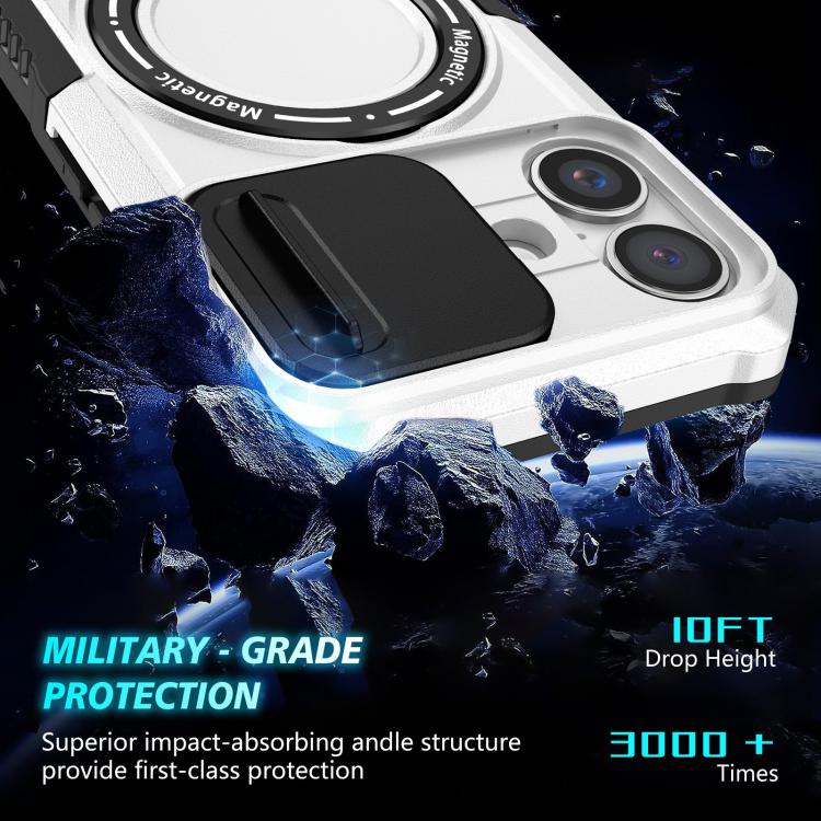 Funda híbrida TPU y PC con soporte Magsafe y protección deslizante para iPhone 16 (Negro y Blanco)