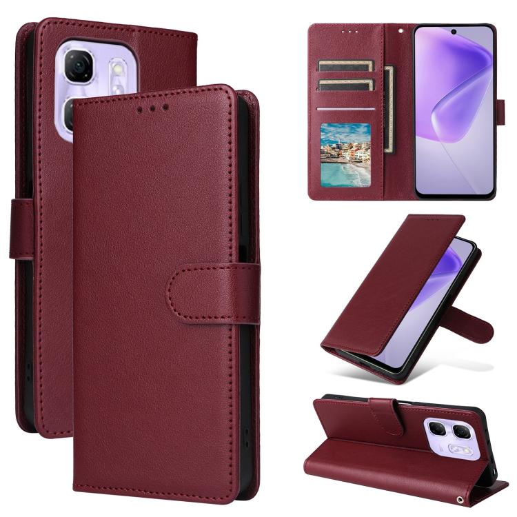 Funda de Cuero Multifuncional para Infinix Hot 50I 4G y Smart 9 4G con 3 Ranuras (Rojo Vino)