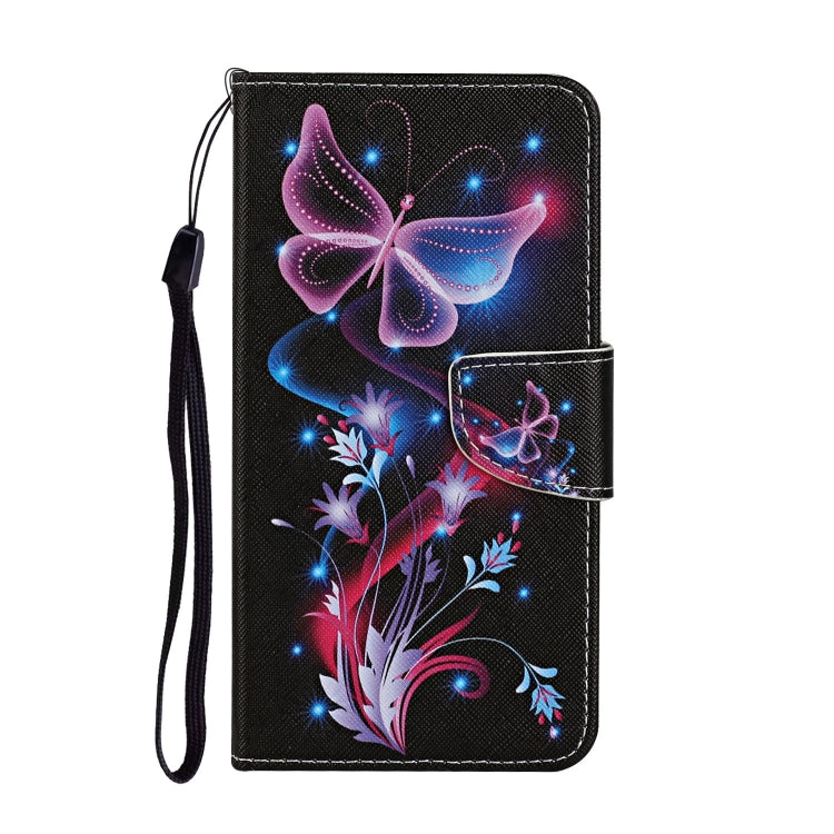 Para Huawei P smart (2020) Estuche de cuero abatible horizontal con patrón de dibujo coloreado con soporte, ranuras para tarjetas y billetera (mariposa fluorescente)