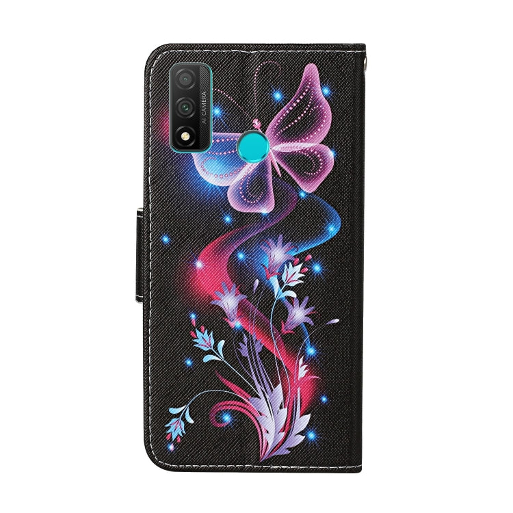 Para Huawei P smart (2020) Estuche de cuero abatible horizontal con patrón de dibujo coloreado con soporte, ranuras para tarjetas y billetera (mariposa fluorescente)
