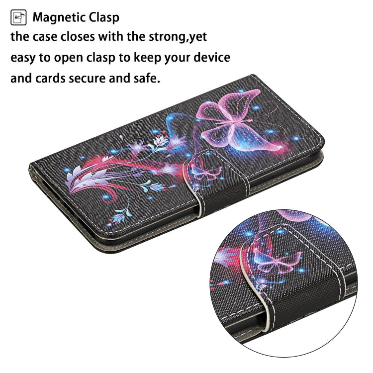 Para Huawei P smart (2020) Estuche de cuero abatible horizontal con patrón de dibujo coloreado con soporte, ranuras para tarjetas y billetera (mariposa fluorescente)