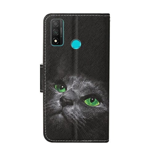 Para Huawei P smart (2020) Estuche de cuero abatible horizontal con patrón de dibujo coloreado con soporte, ranuras para tarjetas y billetera (gato negro)