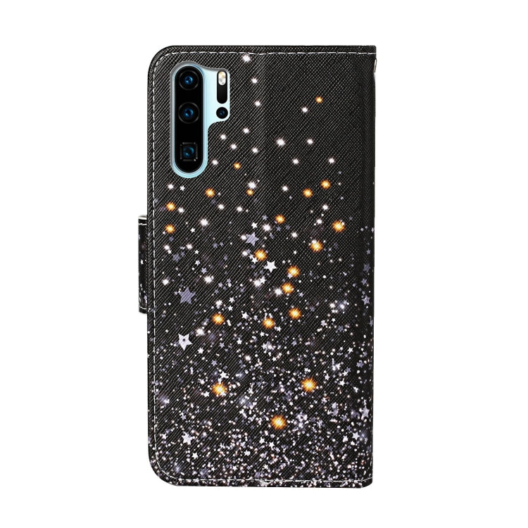 Para Huawei P30 Pro Funda de cuero con tapa horizontal con patrón de dibujo en color con soporte, ranuras para tarjetas y billetera (Black Star)