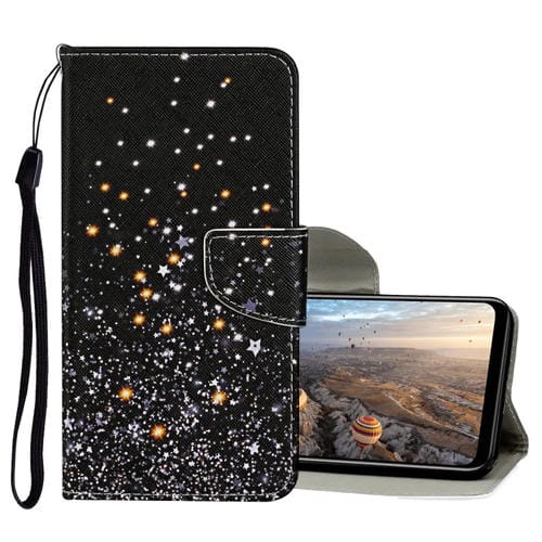 Para Huawei P40 Lite Funda de cuero abatible horizontal con patrón de dibujo coloreado con soporte, ranuras para tarjetas y billetera (estrella negra)