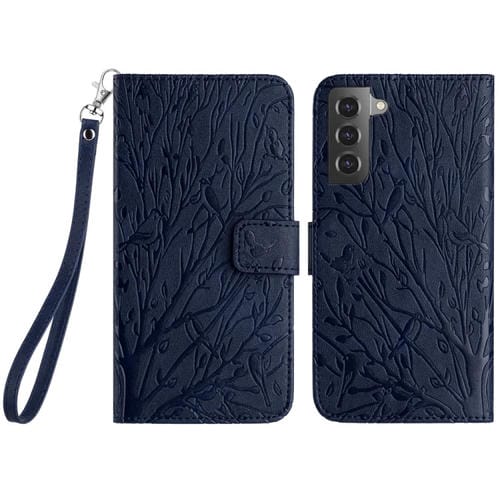 Funda de Cuero Samsung Galaxy S21 FE 5G con Patrón en Relieve Tree Birds (Azul)