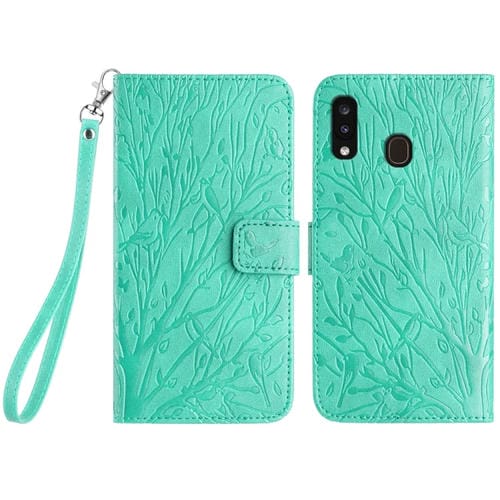 Funda para Teléfono Samsung Galaxy A20 / A30 Cuero Patrón En Relieve Tree Birds (Verde)