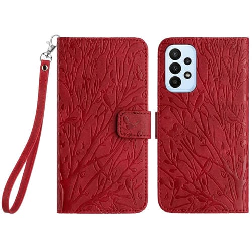 Funda para Teléfono Samsung Galaxy A23 Cuero Patrón En Relieve Tree Birds (Rojo)