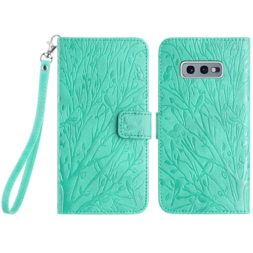 Funda para Teléfono Samsung Galaxy S10E Cuero Patrón En Relieve Tree Birds (Verde)