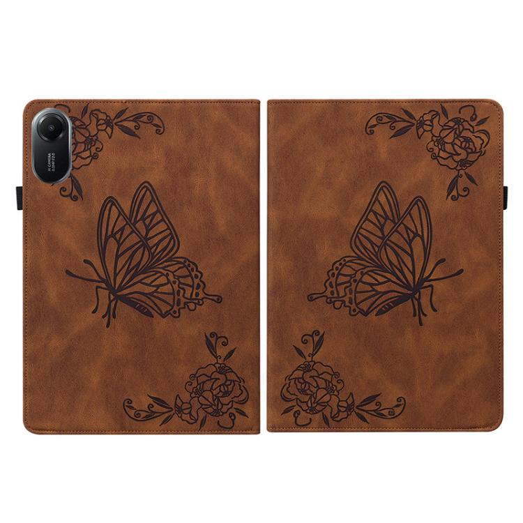 Funda de cuero con relieve de mariposa para Redmi Pad 2 / Redmi Pad SE 11 2025 (marrón)