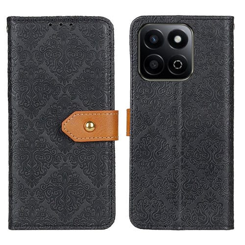 Funda de Cuero con Estampado Floral Europeo para Honor 200 Smart y Play 60 Plus (Negro)