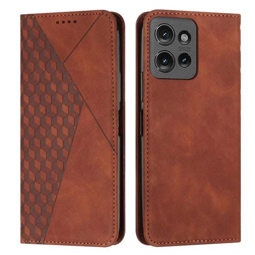 Funda de Cuero Magnética Motorola Moto G 5G 2025 con Diseño de Diamantes (Marrón)