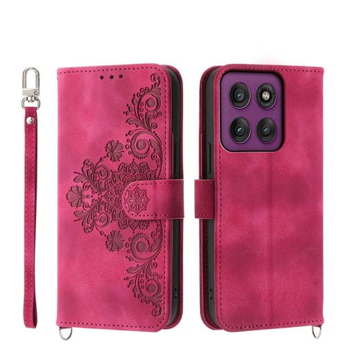Funda de piel con relieve floral para Motorola Edge 60 Pro (rojo vino)