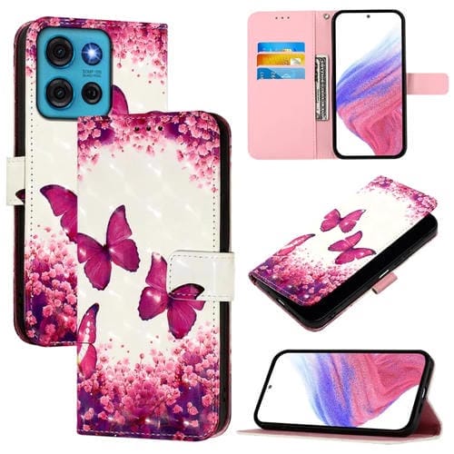 Funda de Cuero con Tapa Horizontal y Pintura 3D para Motorola Moto G75 5G (Mariposa Rosa)