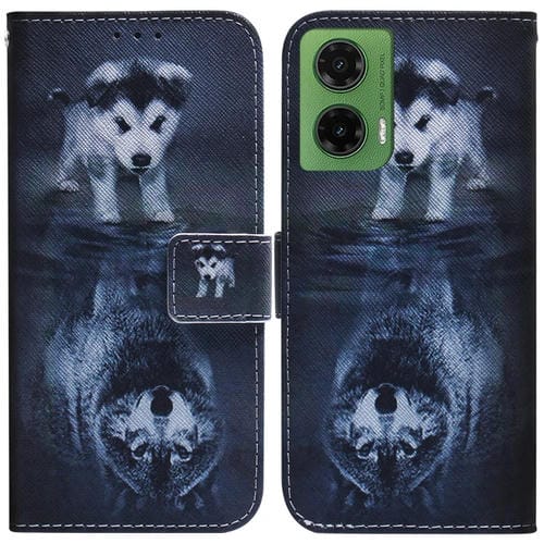Funda de Cuero con Tapa para Motorola Moto G35 con Dibujo Colorido (Lobo y Perro)