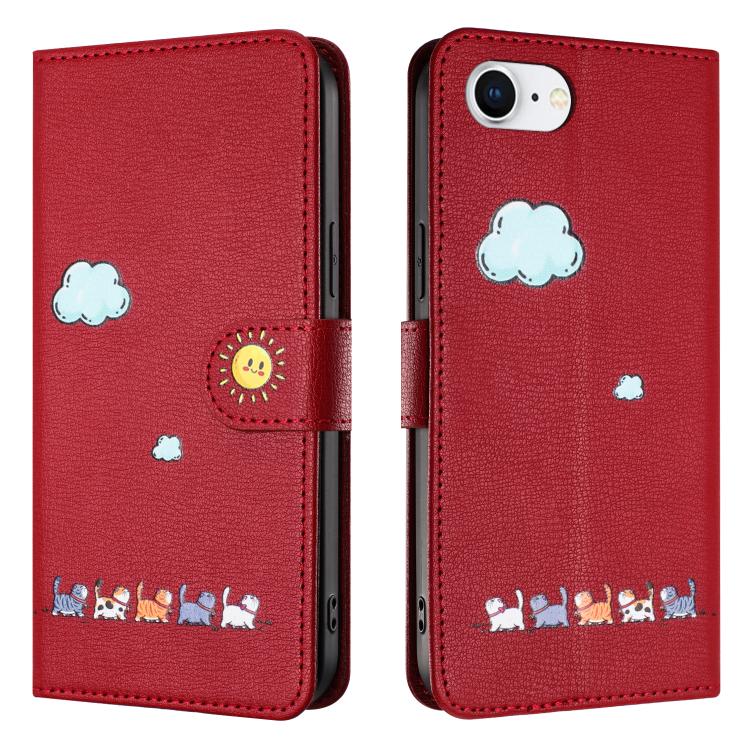 Funda de Piel con Dibujos de Gatos para iPhone 16E (Roja)