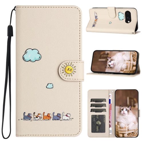 Funda de Cuero para Google Pixel 9A con Dibujos de Gatos (Beige y Blanco)