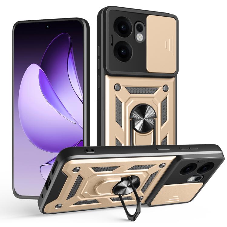 Funda Híbrida de TPU y PC con Diseño de Cámara Deslizante para Oppo Reno13 F 4G/5G (Dorada)
