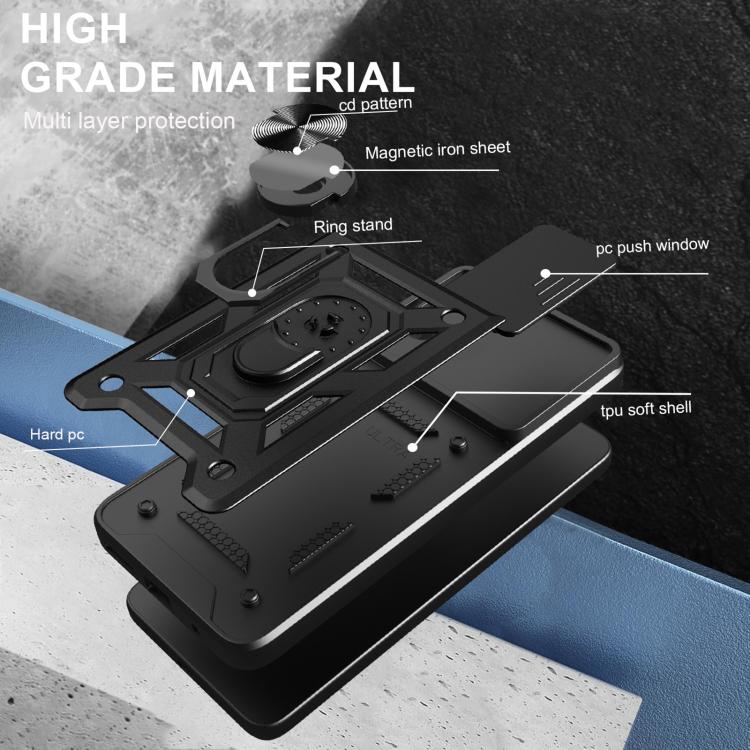 Funda Híbrida de TPU y PC con Diseño de Cámara Deslizante para Oppo Reno13 F 4G/5G (Dorada)