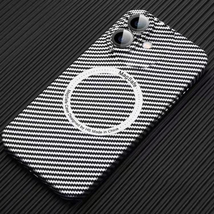 Funda para iPhone 16 Plus Fibra de Carbono con Imán Magsafe para PC y Película para Lentes (Blanco Plateado)