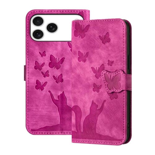 Funda de cuero con tapa y estampado de mariposa y gato para iPhone 17 Pro Max (rosa)