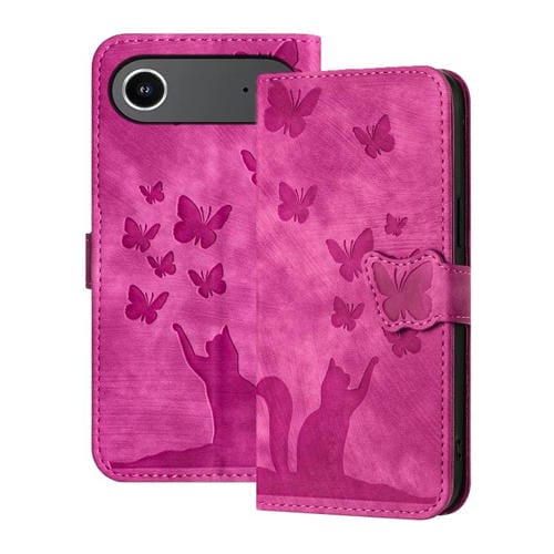 Funda de cuero con tapa y estampado de mariposas y gatos para iPhone 17 Air (rosa)