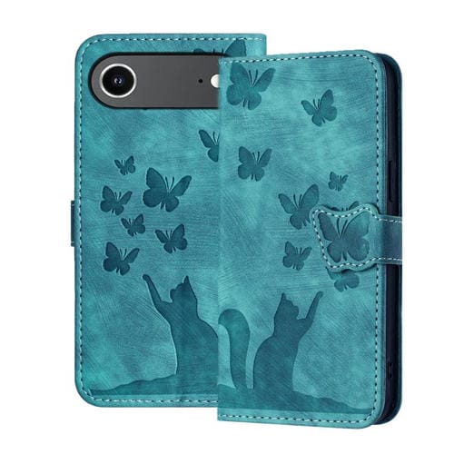 Funda de cuero con tapa y estampado de mariposas y gatos para iPhone 17 Air (Wathet)