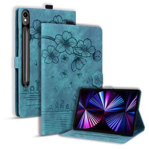 Funda para Tablet Samsung Galaxy Tab S10 Fe+ Piel con Relieve de Gato Sakura (Azul)