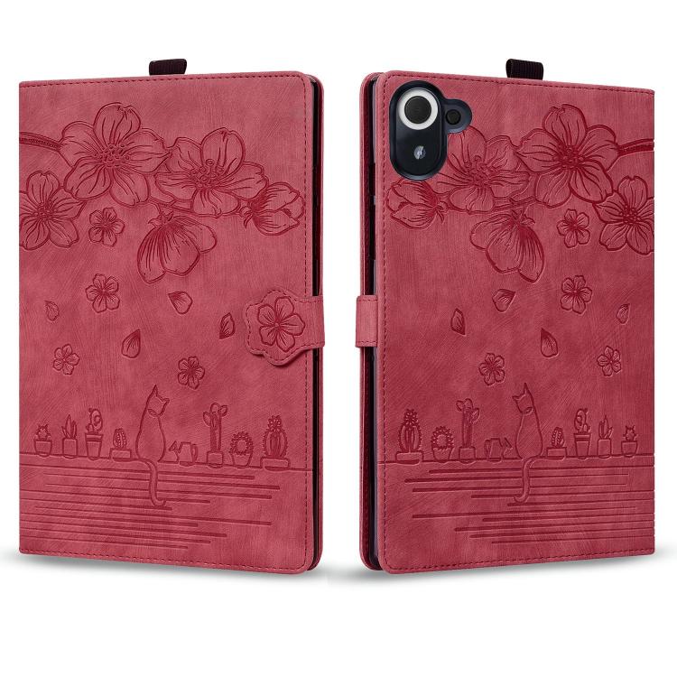 Funda de cuero con relieve de gato Sakura para Xiaomi Redmi K Pad (roja)