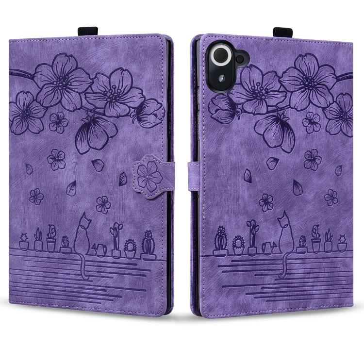 Funda de cuero con relieve de gato Sakura para Xiaomi Redmi K Pad (morado)