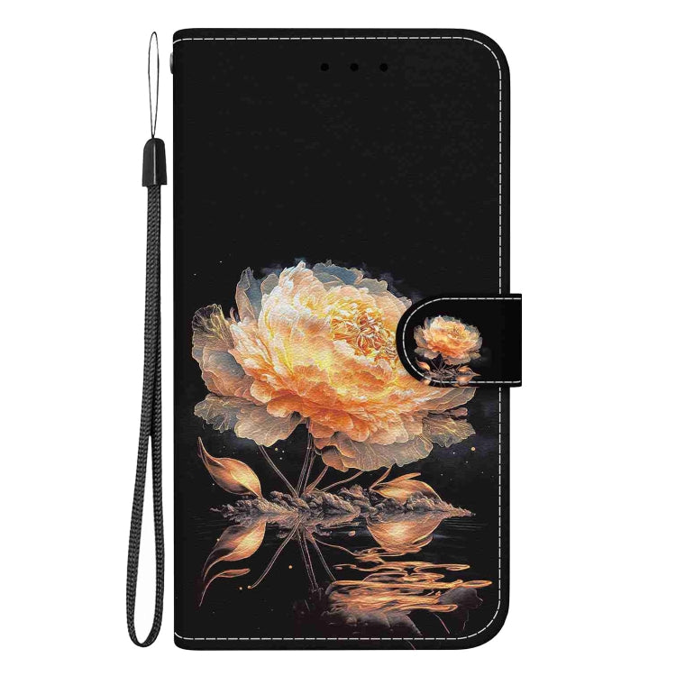 Estuche de Cuero para Samsung Galaxy A03S Versión EE.UU con Dibujo Coloreado y Textura de Cristal (Peonía Dorada)