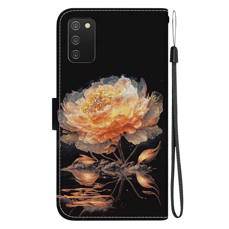 Estuche de Cuero para Samsung Galaxy A03S Versión EE.UU con Dibujo Coloreado y Textura de Cristal (Peonía Dorada)