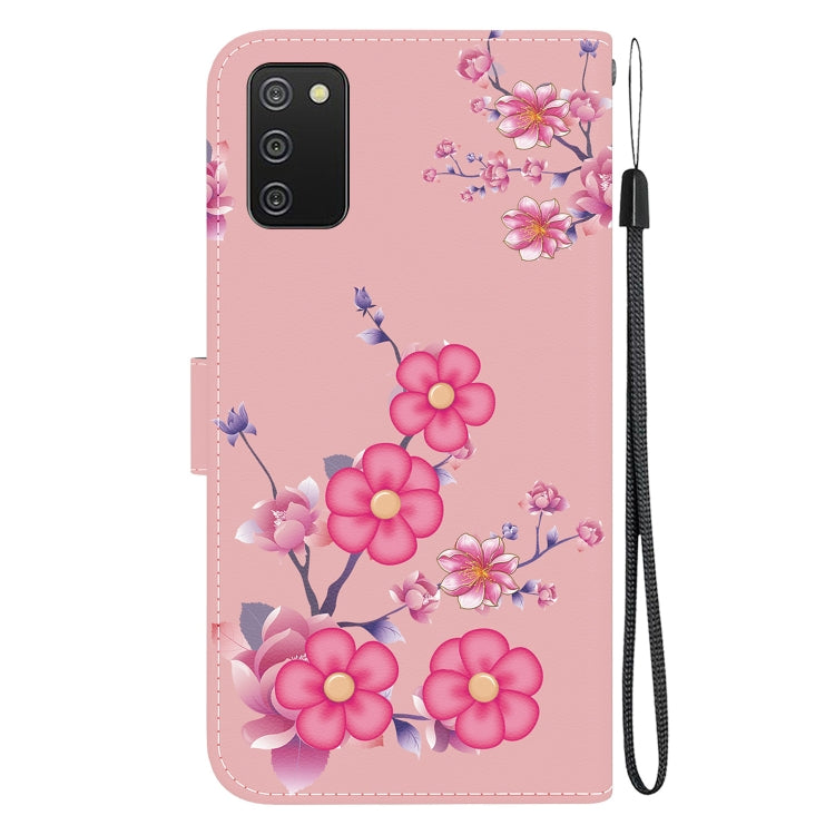 Estuche de Cuero Samsung Galaxy A03S Versión EE.UU con Dibujo Coloreado y Textura de Cristal (Flores de Cerezo)
