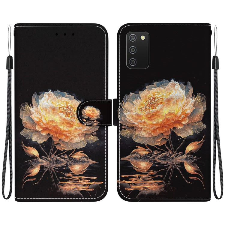 Caja de teléfono Samsung Galaxy A03S Versión UE Cuero Dibujo Coloreado Textura de Cristal (Peonía Dorada)