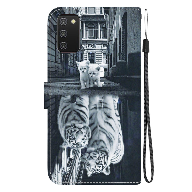 Caja de Teléfono Samsung Galaxy A02S EE.UU Cuero Dibujo Coloreado Textura Cristal (Reflejo Tigre Gato)