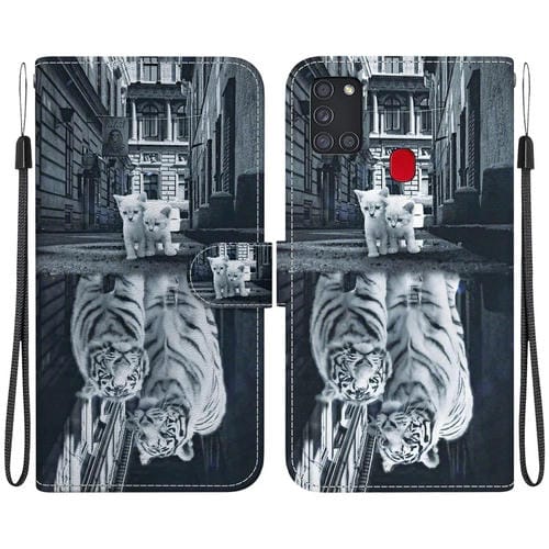 Funda para Teléfono Samsung Galaxy A21S Cuero Dibujo Coloreado Textura Cristal (Reflejo de Tigre Gato)