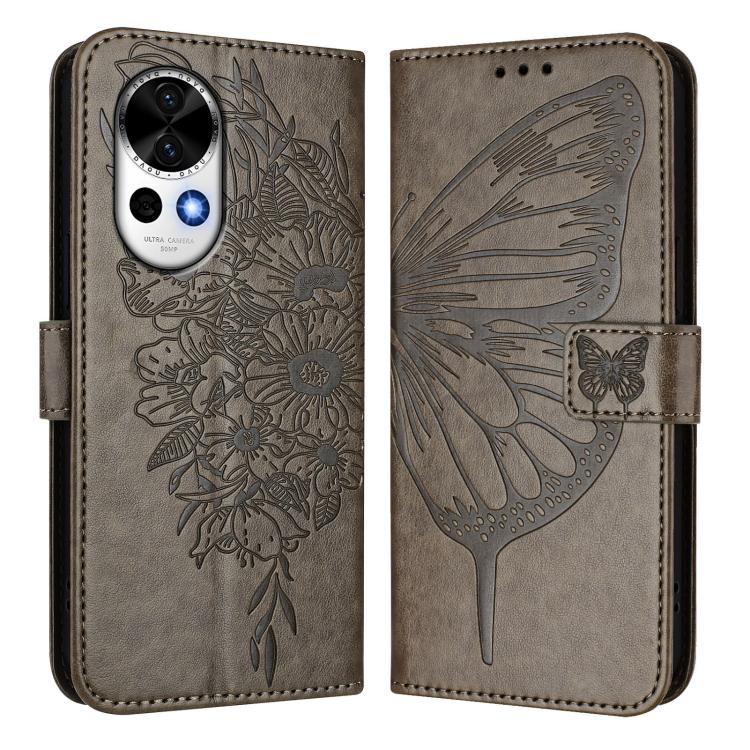 Funda de Cuero Huawei Nova 13/Nova 12 con Diseño Mariposa en Relieve (Gris)