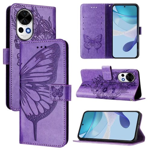 Funda de Cuero Huawei Nova 13/Nova 12 Diseño Mariposa en Relieve (Morado)
