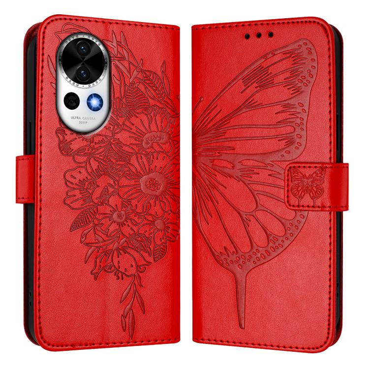 Funda de Cuero Huawei Nova 13/Nova 12 con Diseño Mariposa en Relieve (Roja)