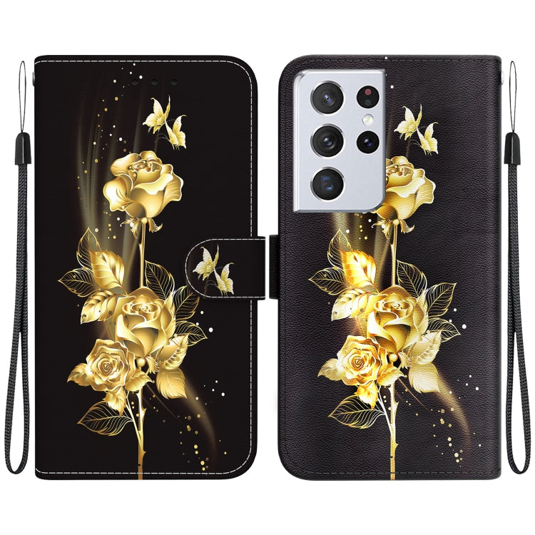 Estuche de Cuero Samsung Galaxy S21 Ultra 5G con Dibujo Coloreado y Textura de Cristal (Mariposa Dorada Rosa)