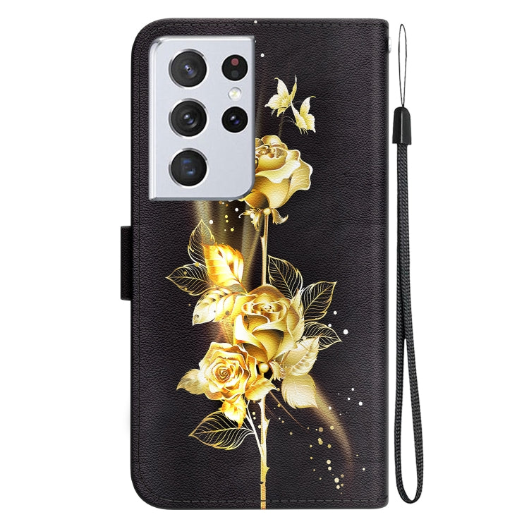 Estuche de Cuero Samsung Galaxy S21 Ultra 5G con Dibujo Coloreado y Textura de Cristal (Mariposa Dorada Rosa)
