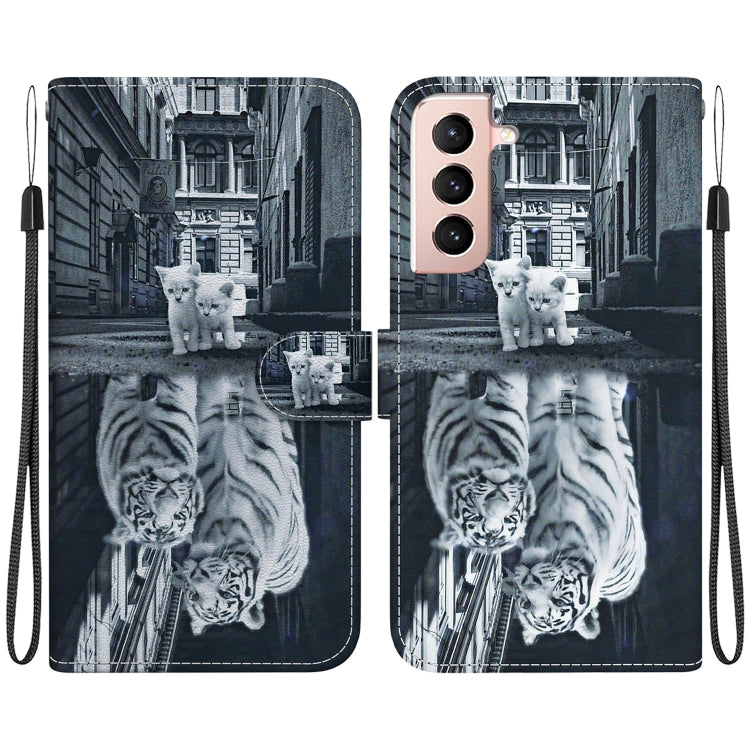 Estuche de Cuero Samsung Galaxy S22+ 5G Dibujo Coloreado Textura Cristal (Reflejo Tigre Gato)