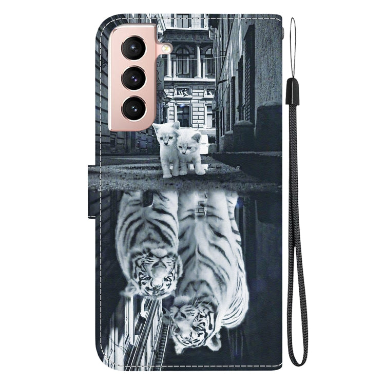 Estuche de Cuero Samsung Galaxy S22+ 5G Dibujo Coloreado Textura Cristal (Reflejo Tigre Gato)